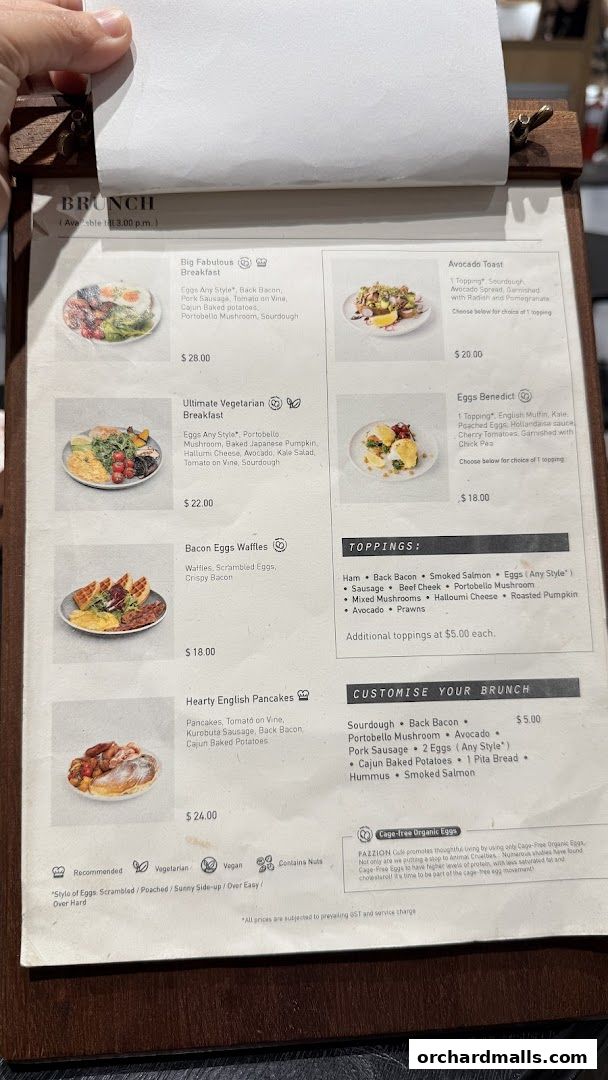 A menu from Pazzion Cafe featuring brunch items like Big Fabulous Breakfast and Avocado Toast.