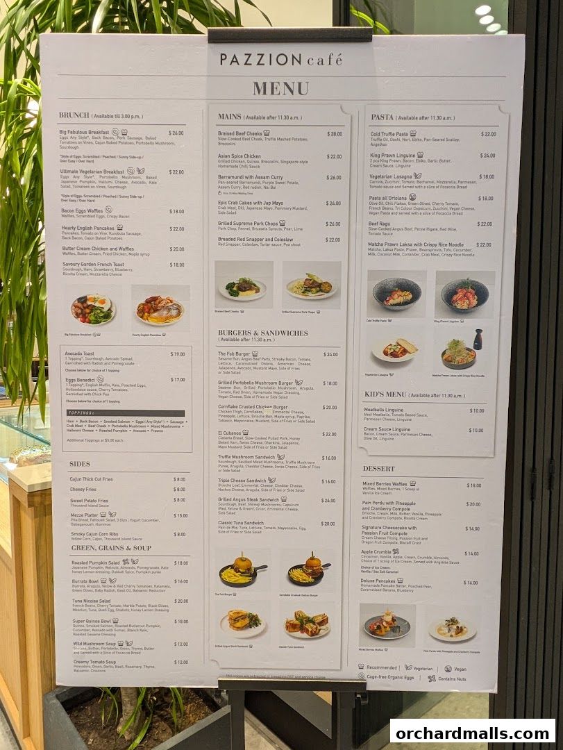 A menu for Pazzion Cafe, featuring brunch, mains, pasta, burgers, sides, and desserts.