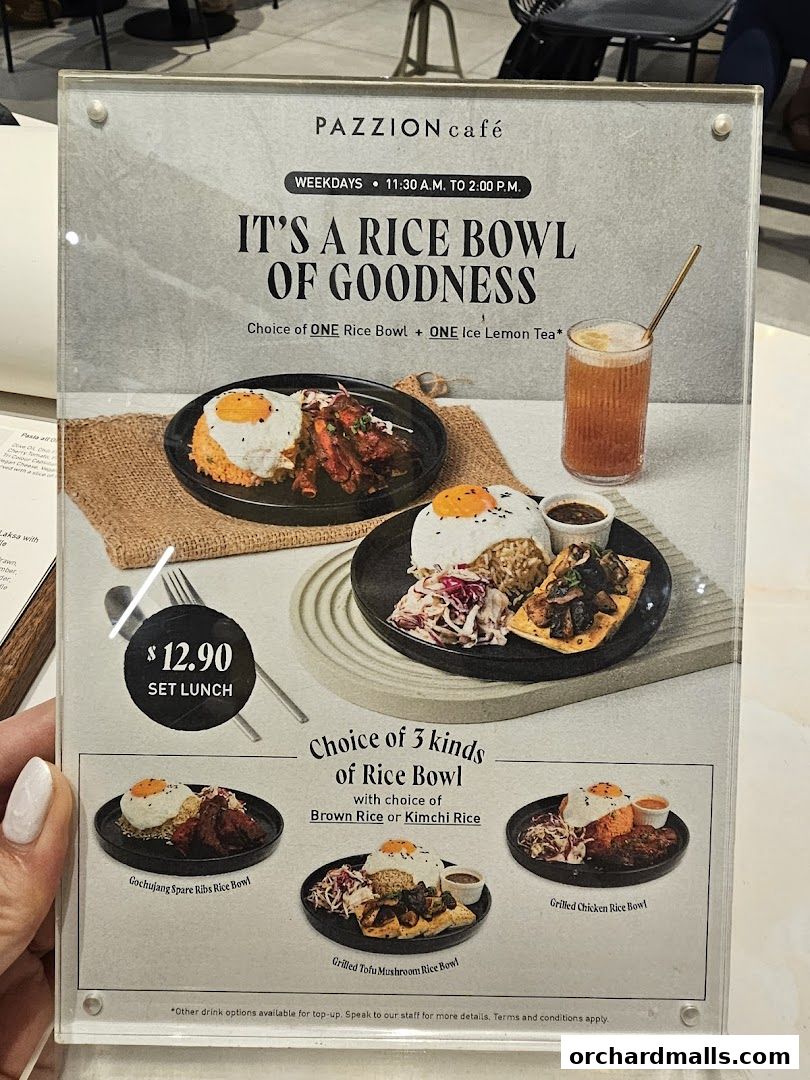 A menu for Pazzion Cafe featuring a set lunch rice bowl with ice lemon tea.
