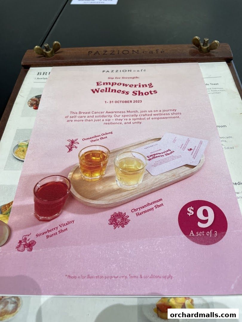 Pazzion Cafe's 'Empowering Wellness Shots' menu for Breast Cancer Awareness Month.