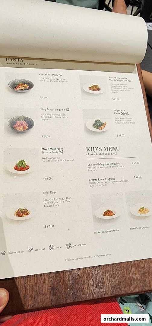 A menu from Pazzion Cafe featuring pasta dishes and a kids' menu.
