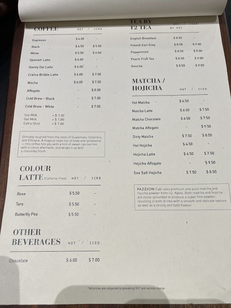 Menu page for Pazzion Café