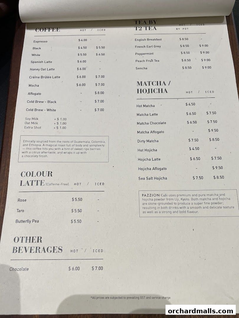 A menu from Pazzion Cafe listing coffee, tea, matcha, and other beverages with prices.