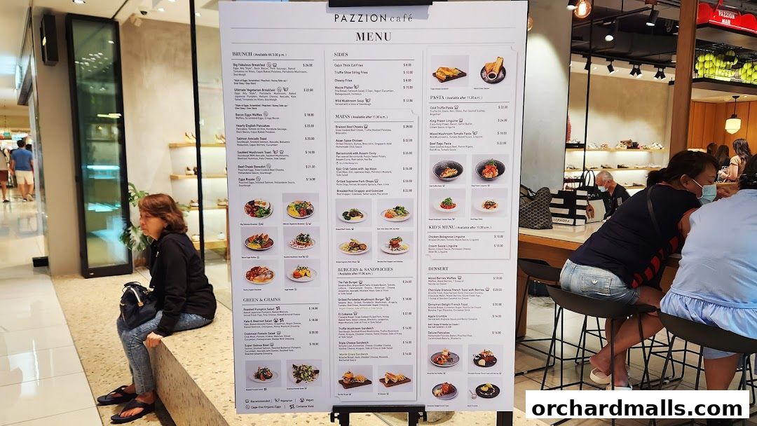 A menu board for Pazzion Cafe displaying brunch, mains, pasta, kids, and dessert options.