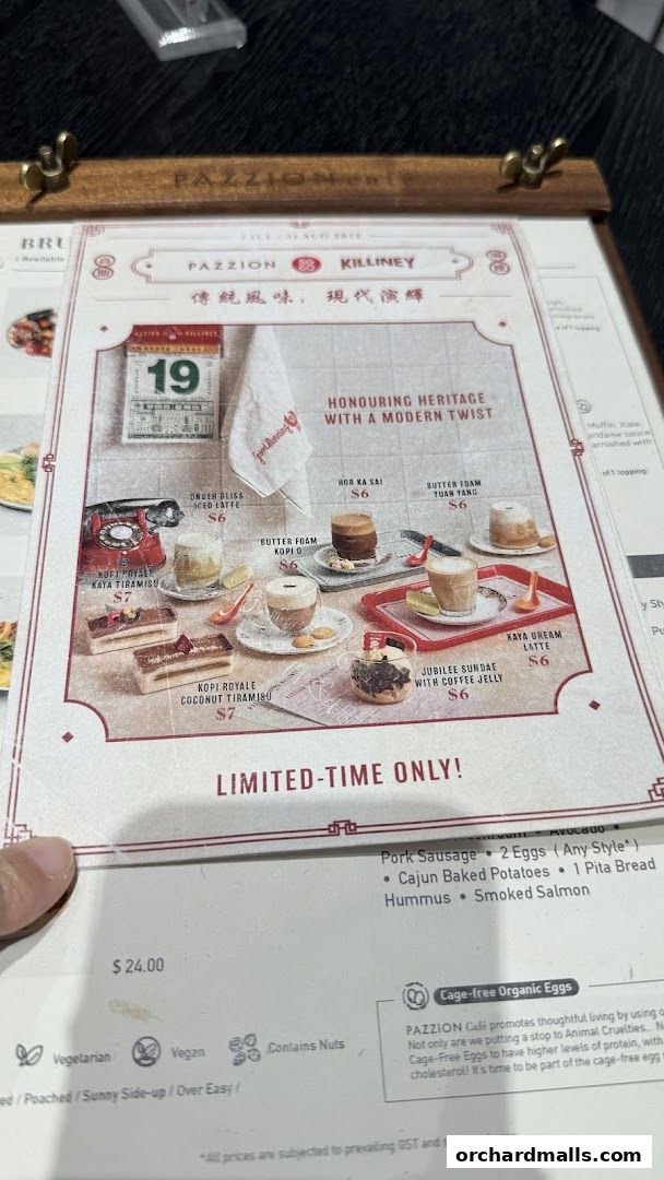 A menu from Pazzion Cafe featuring traditional drinks and desserts with a modern twist.