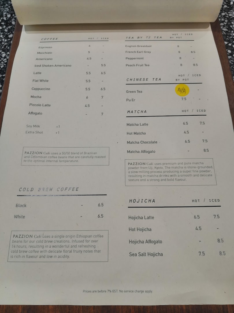 Menu page for Pazzion Café