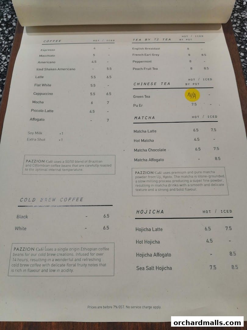A menu from Pazzion Cafe featuring coffee, tea, matcha, and hojicha drinks.