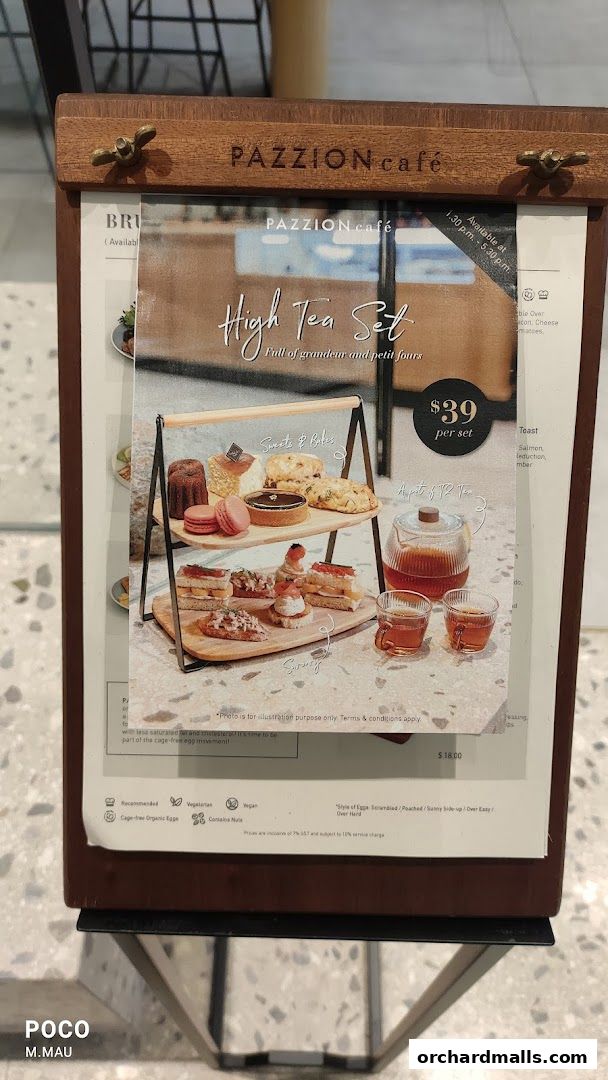 A menu display for Pazzion Cafe's High Tea Set, featuring sweets and savories.