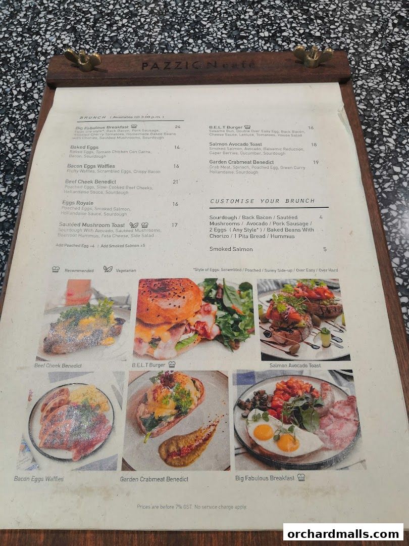 A menu from Pazzion Cafe featuring brunch items with accompanying food photography.
