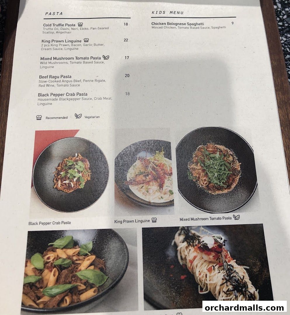 A menu page from Pazzion Cafe featuring pasta dishes and a kids' menu.