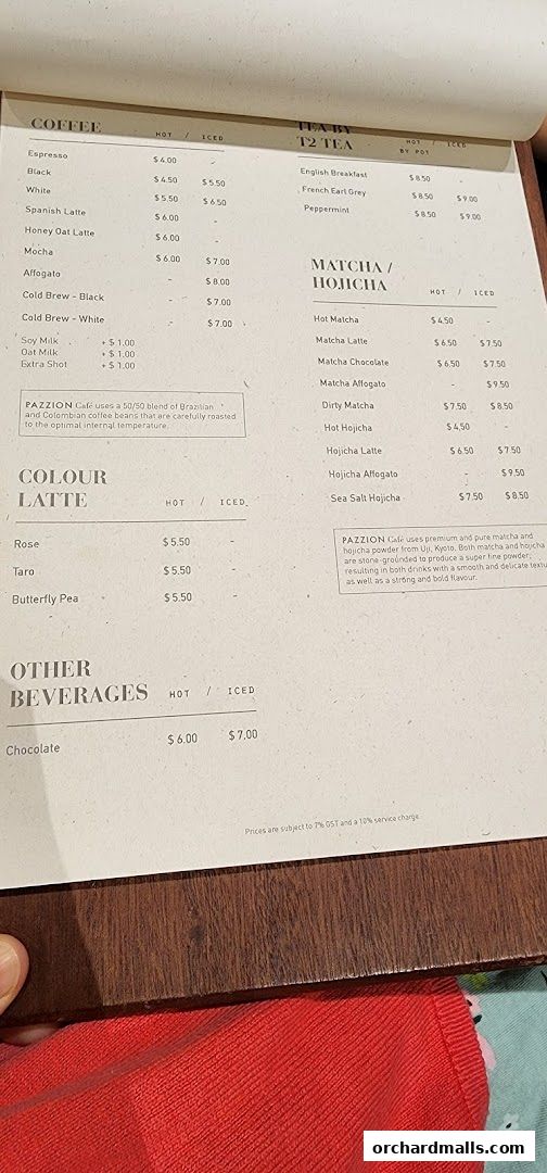 A menu from Pazzion Cafe, featuring coffee, tea, matcha, and other beverages.