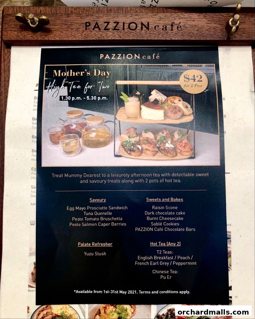 A Mother's Day High Tea menu for two at Pazzion Cafe, featuring savory and sweet treats.