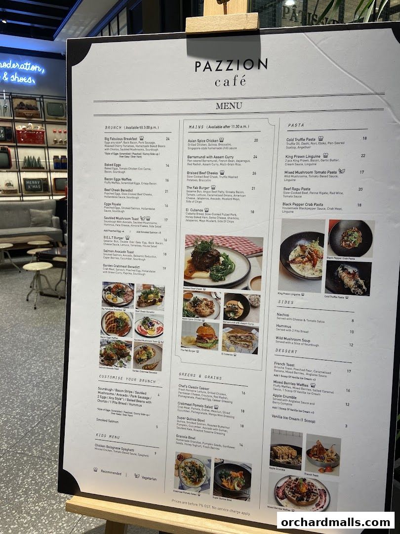 A menu for Pazzion Cafe displaying brunch, mains, pasta, sides, and dessert options.