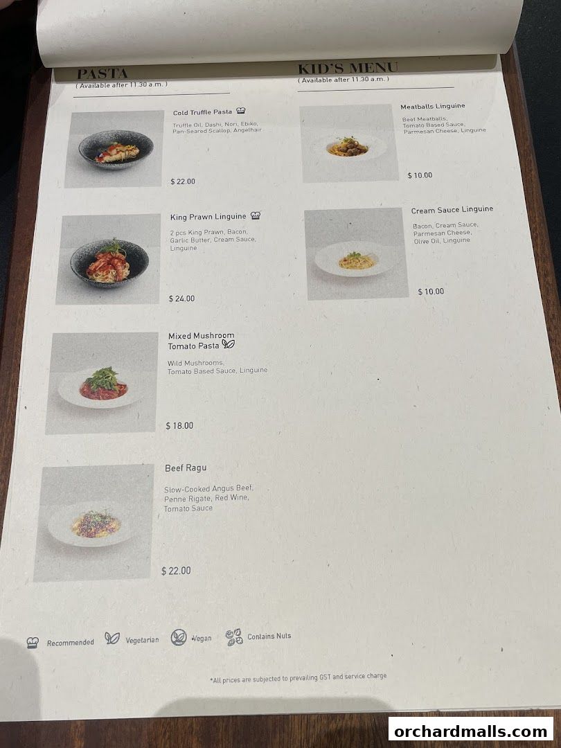 A menu from Pazzion Cafe featuring pasta dishes and a kids' menu.