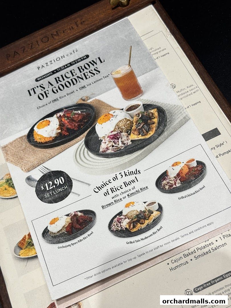 A menu from Pazzion Cafe featuring rice bowls and set lunch options.