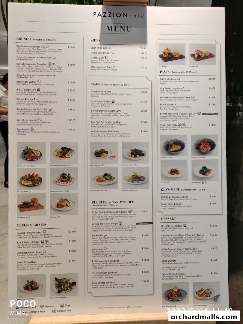 A menu for Pazzion Cafe, featuring brunch, sides, mains, pasta, burgers, kids' meals, and desserts.