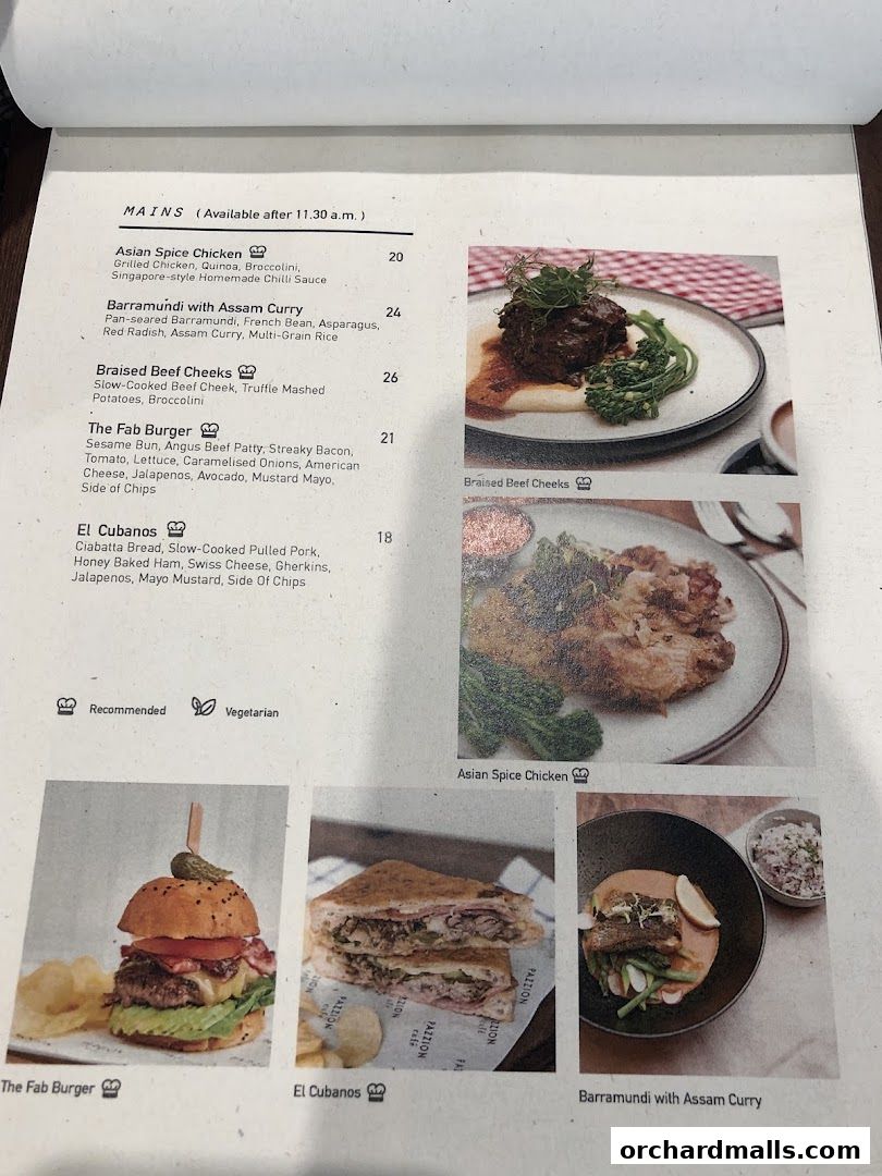 A menu page from Pazzion Cafe featuring mains like Asian Spice Chicken and The Fab Burger.