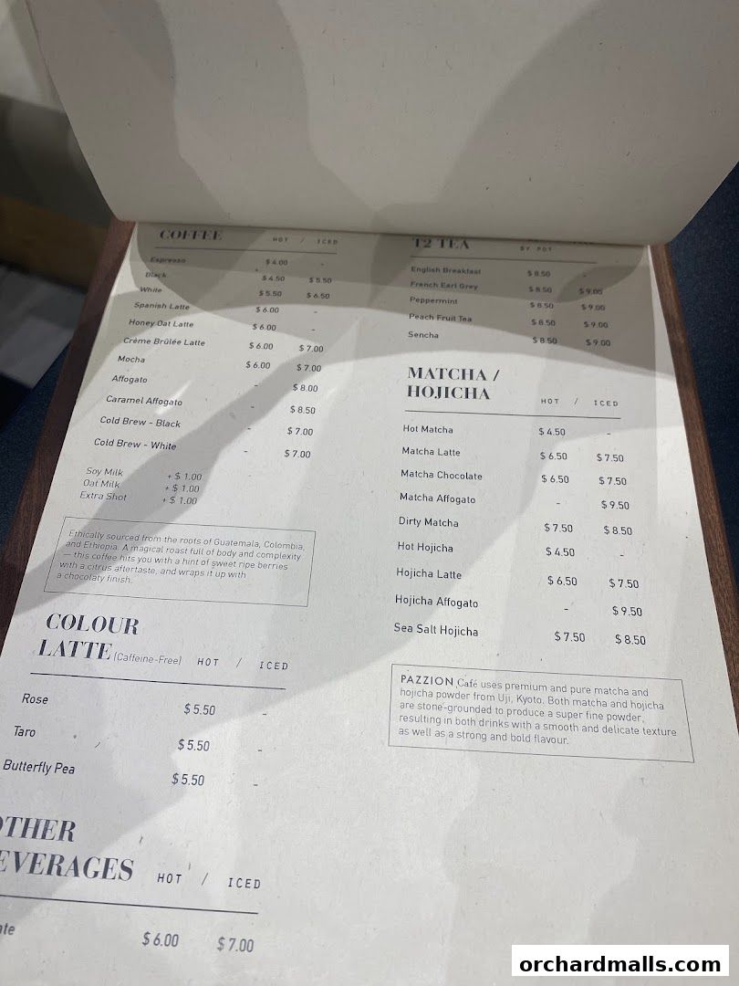 A menu from Pazzion Cafe displaying coffee, tea, matcha, and other beverages.