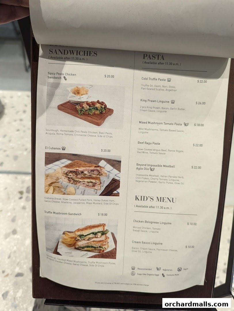 A menu from Pazzion Cafe featuring sandwiches, pasta, and kid's meals.