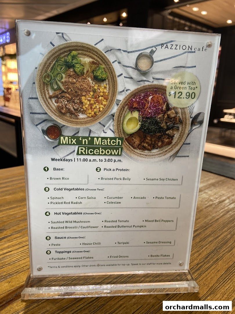 A menu for Pazzion Cafe's 'Mix 'n' Match Ricebowl' with customization options.