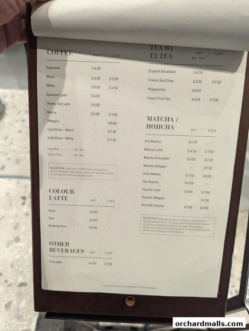 A menu from Pazzion Cafe featuring coffee, tea, matcha, hojicha, and other beverages.