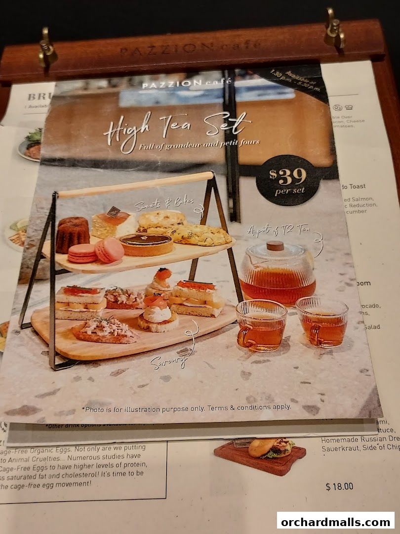 A menu showcasing the Pazzion Cafe High Tea Set with sweets, bakes, and savories.