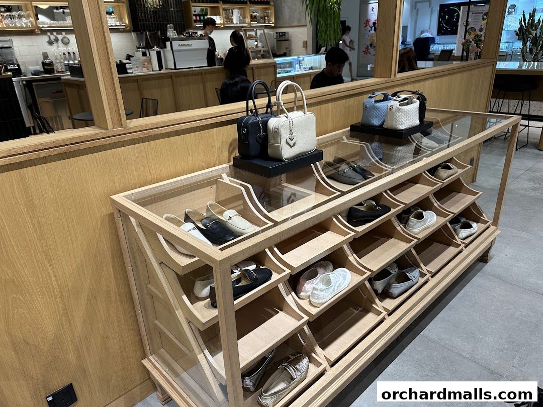 A display of stylish women's shoes and handbags in a modern retail store.