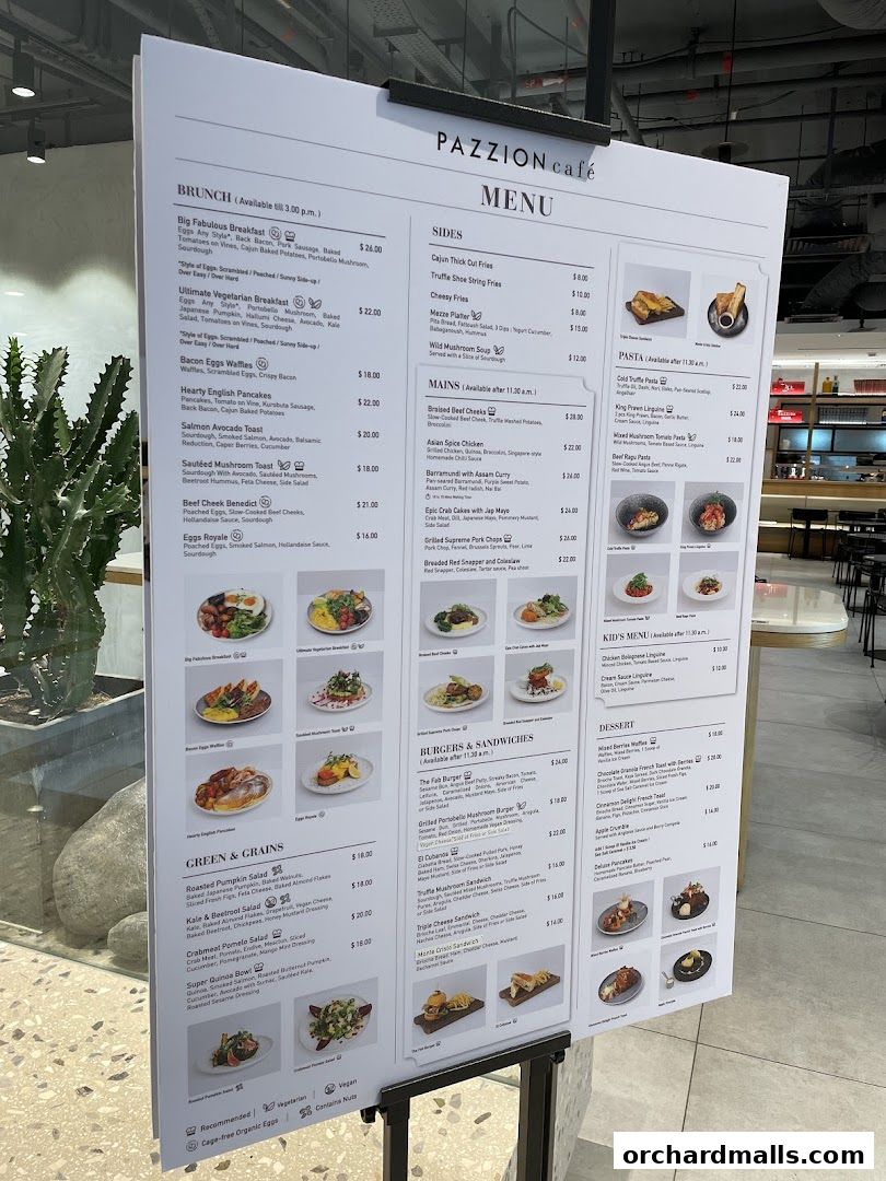 A menu board for PAZZION cafe displaying brunch, mains, sides, burgers, and desserts.