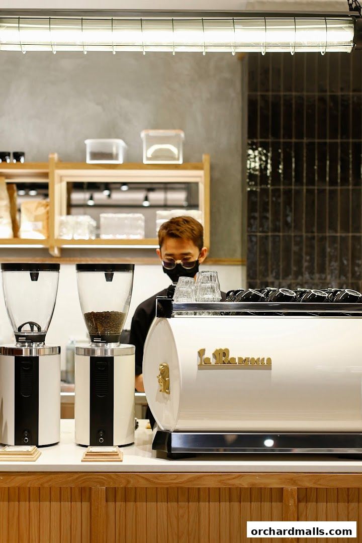 A barista stands behind a coffee machine and grinders in a modern cafe.