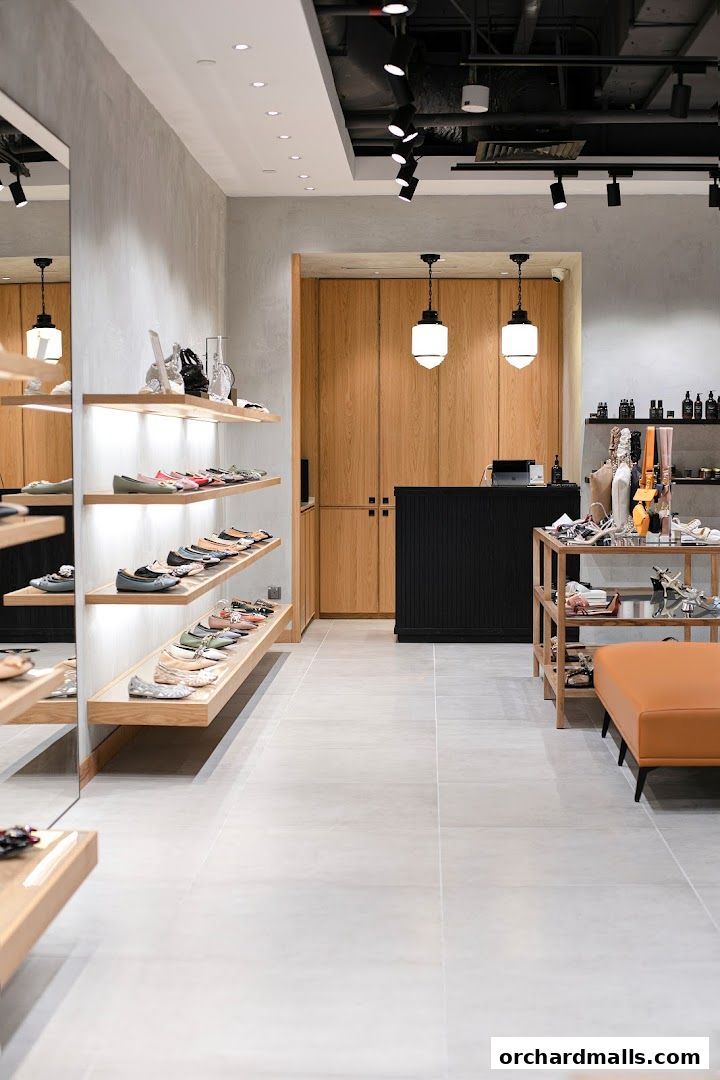 Interior view of a shoe store with shelves displaying various footwear and a checkout counter.