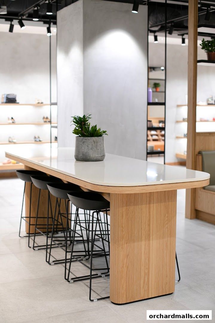 A modern retail store interior with a wooden table, bar stools, and shelves of shoes.