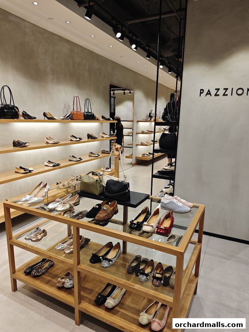 Interior view of a PAZZION shoe store showcasing a wide selection of women's footwear and handbags.