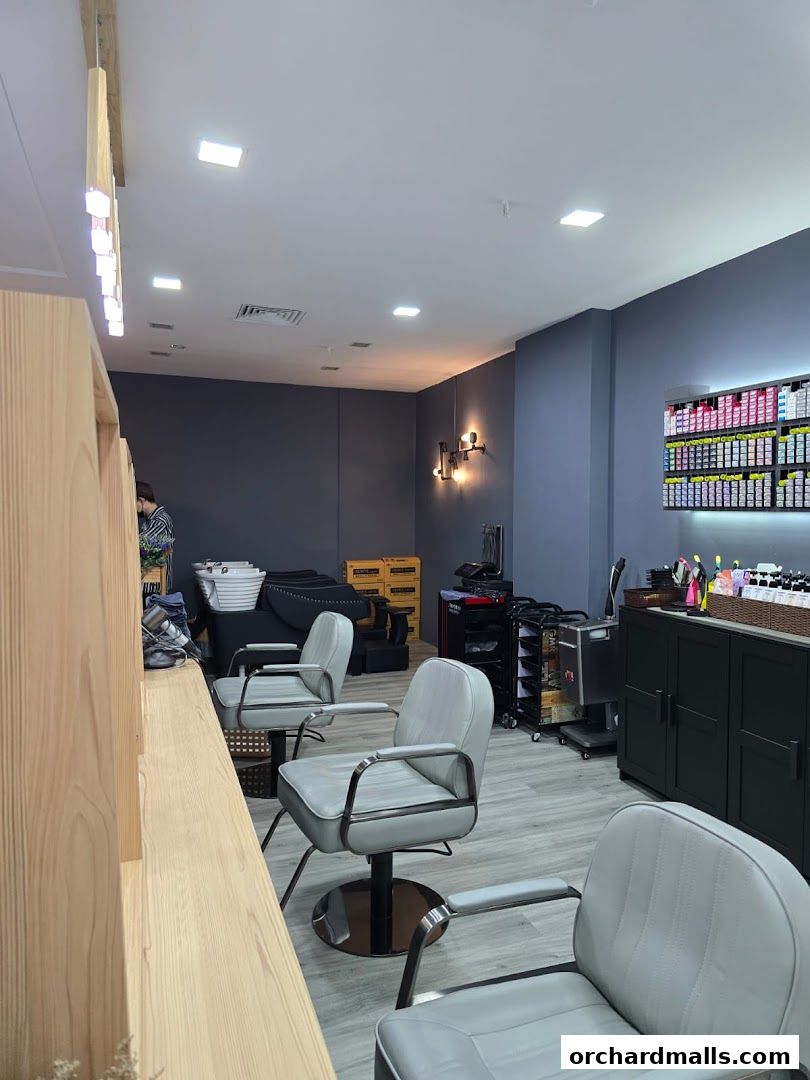 Interior view of a modern hair salon with styling chairs and product displays.