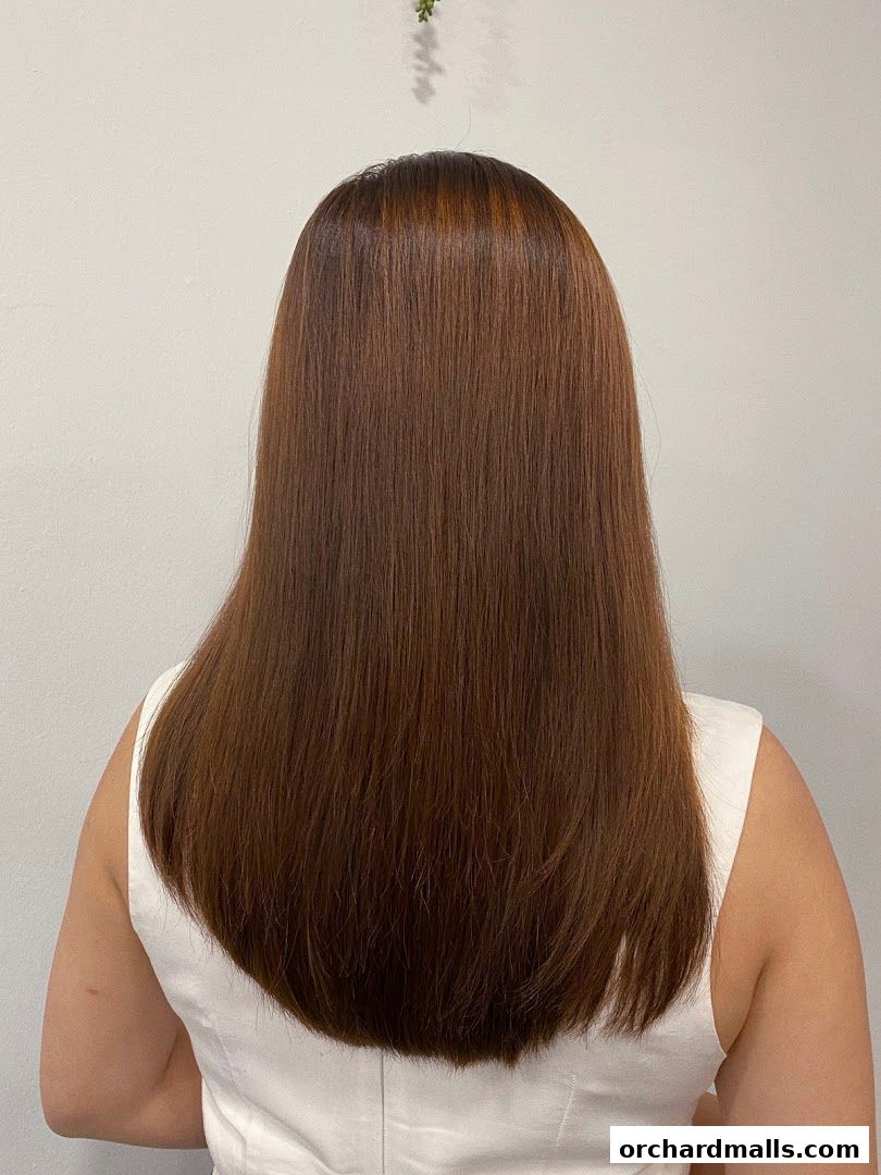 A person's back with long, straight, brown hair with subtle highlights.