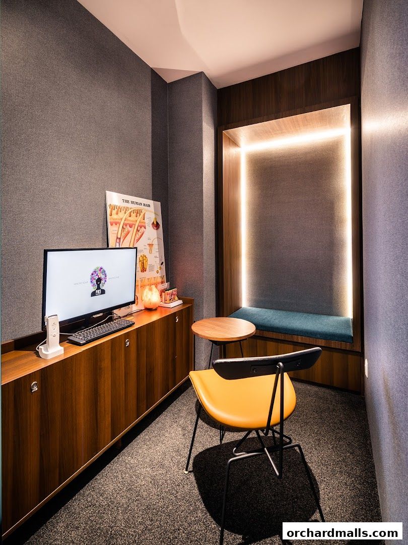 Interior of a modern hair science lab with a computer, seating, and informative poster.