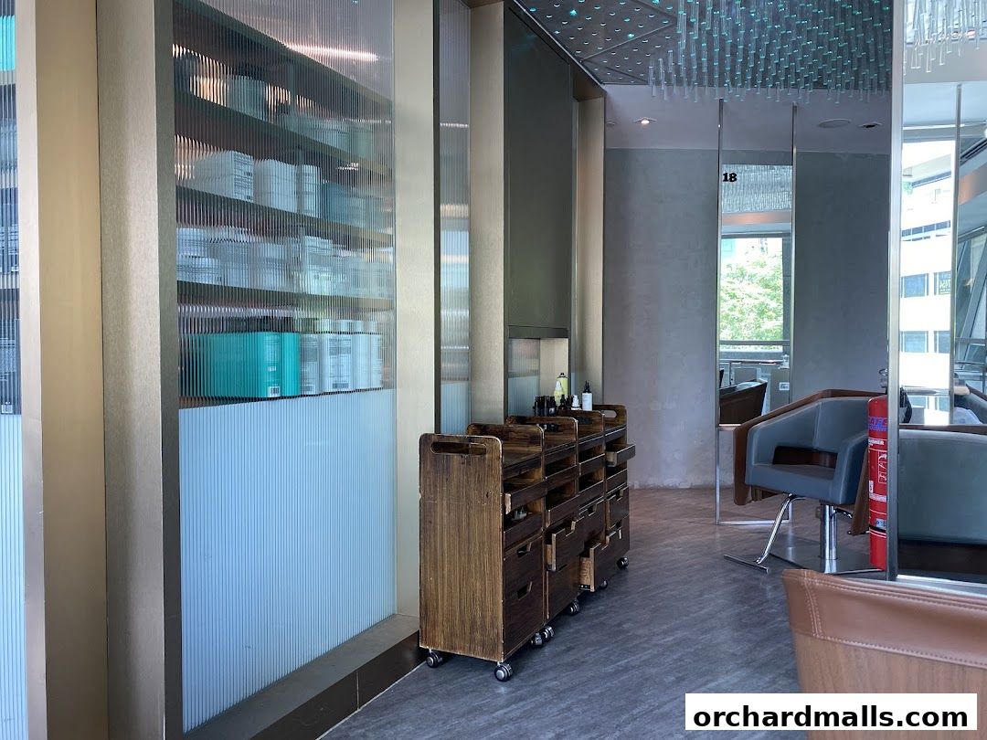 Interior view of a modern hair salon with shelves of products and styling chairs.