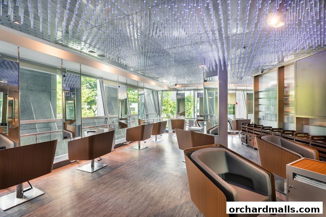 Interior of a modern hair salon with stylish chairs and a unique ceiling.