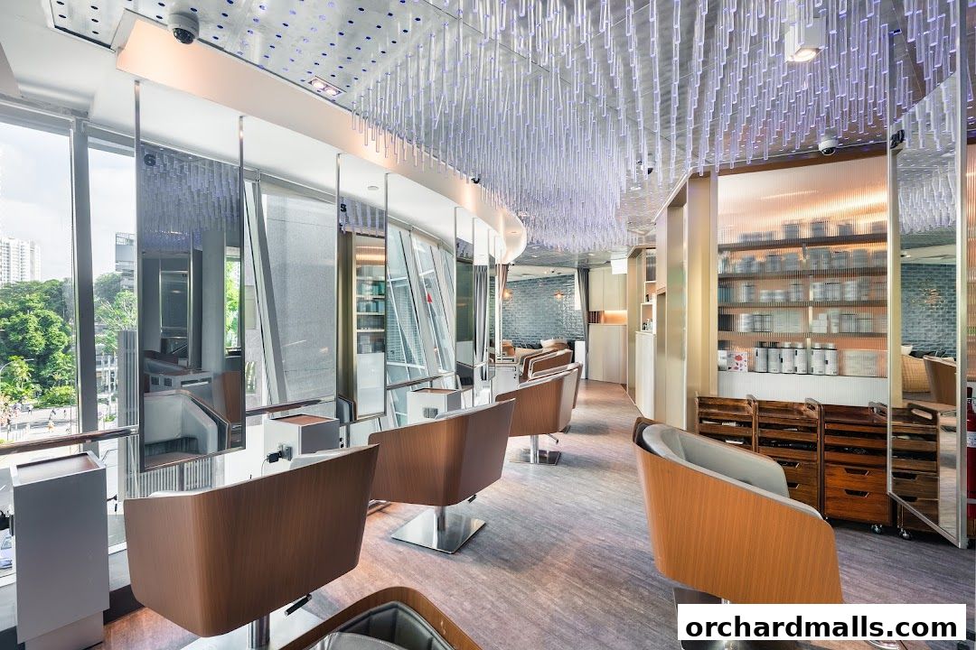 Interior of a modern hair salon with styling chairs, mirrors, and product shelves.