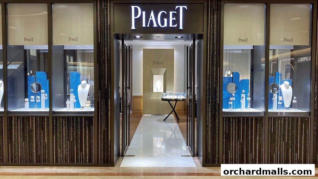 The elegant storefront of Piaget, showcasing exquisite jewelry and watches in illuminated display windows.