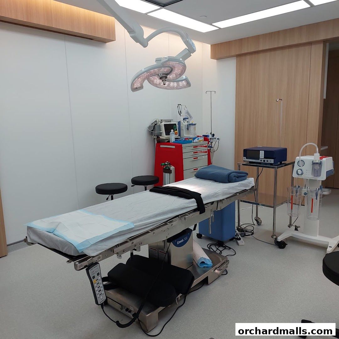 A sterile operating room with a surgical bed, medical equipment, and overhead lights.