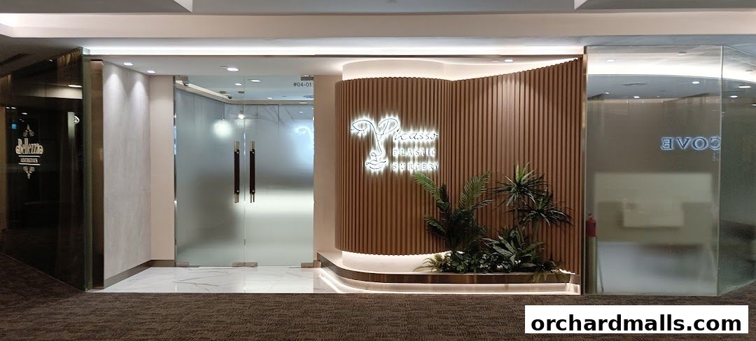Entrance to Picasso Plastic Surgery with a neon sign and modern wooden paneling.