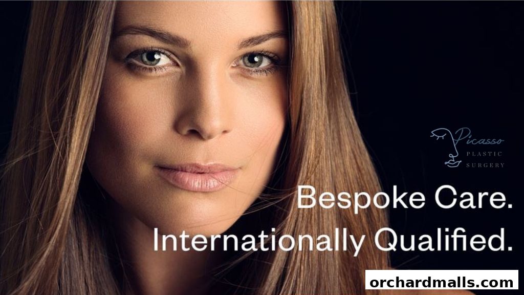 Close-up of a woman's face with text overlay for Picasso Plastic Surgery.