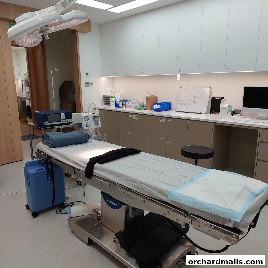 A clean, modern operating room with a surgical bed and medical equipment.