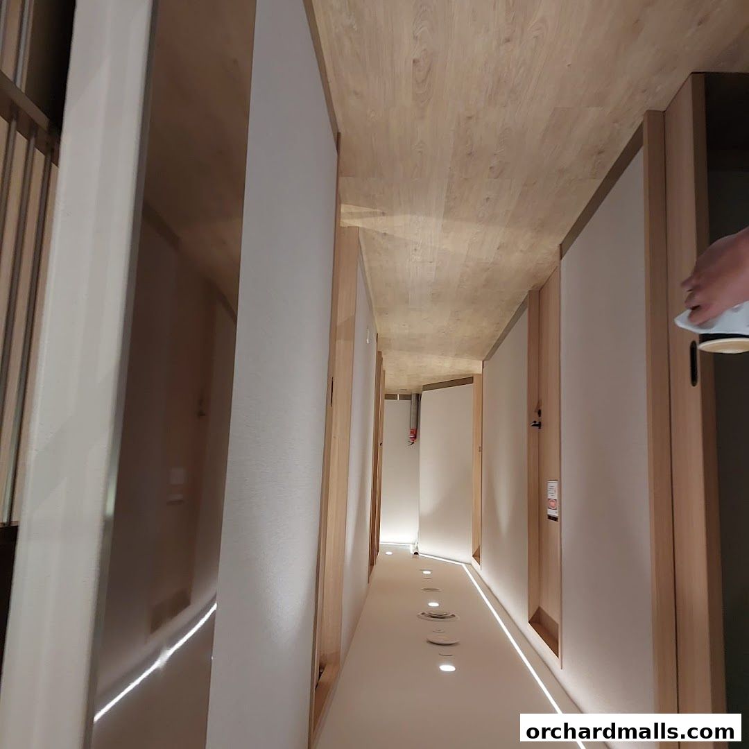 A modern, well-lit corridor with wooden accents and subtle lighting.