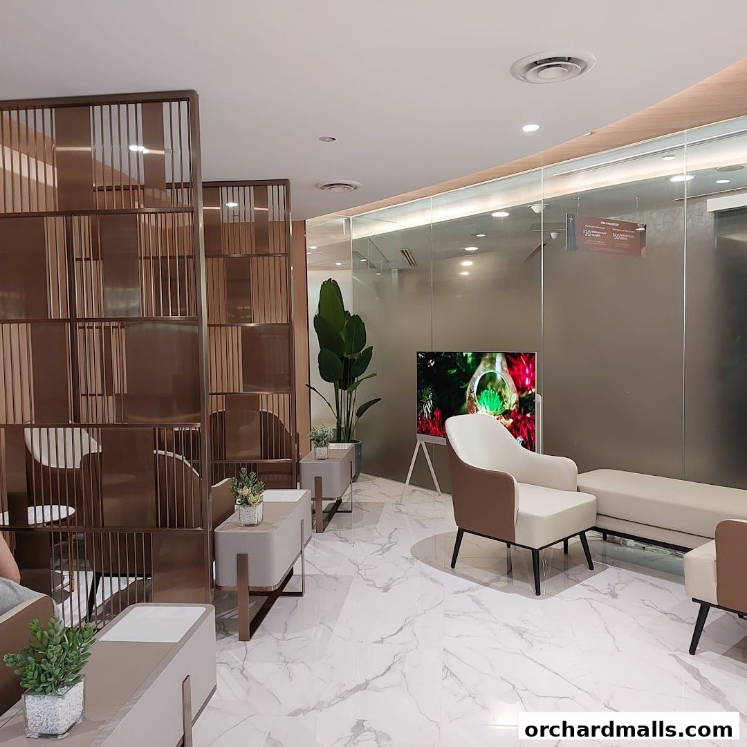 A modern waiting area with comfortable seating, decorative screens, and plants.