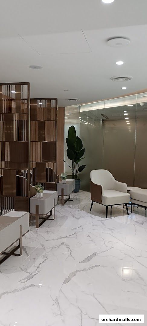 A modern and elegant waiting area with comfortable seating and decorative plants.