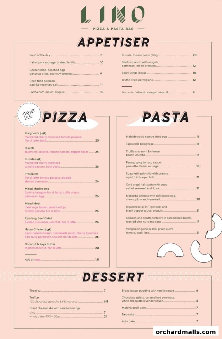 Menu page for Picolino Orchard