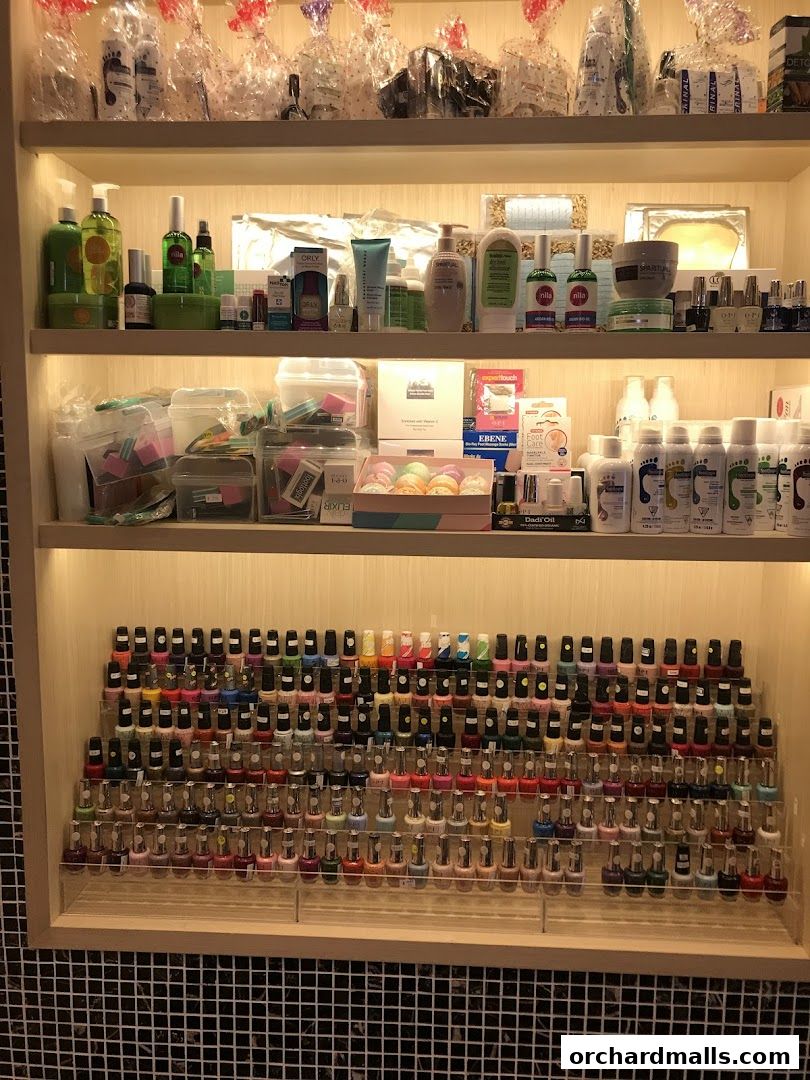 Shelves stocked with nail polish, spa products, and gift sets.