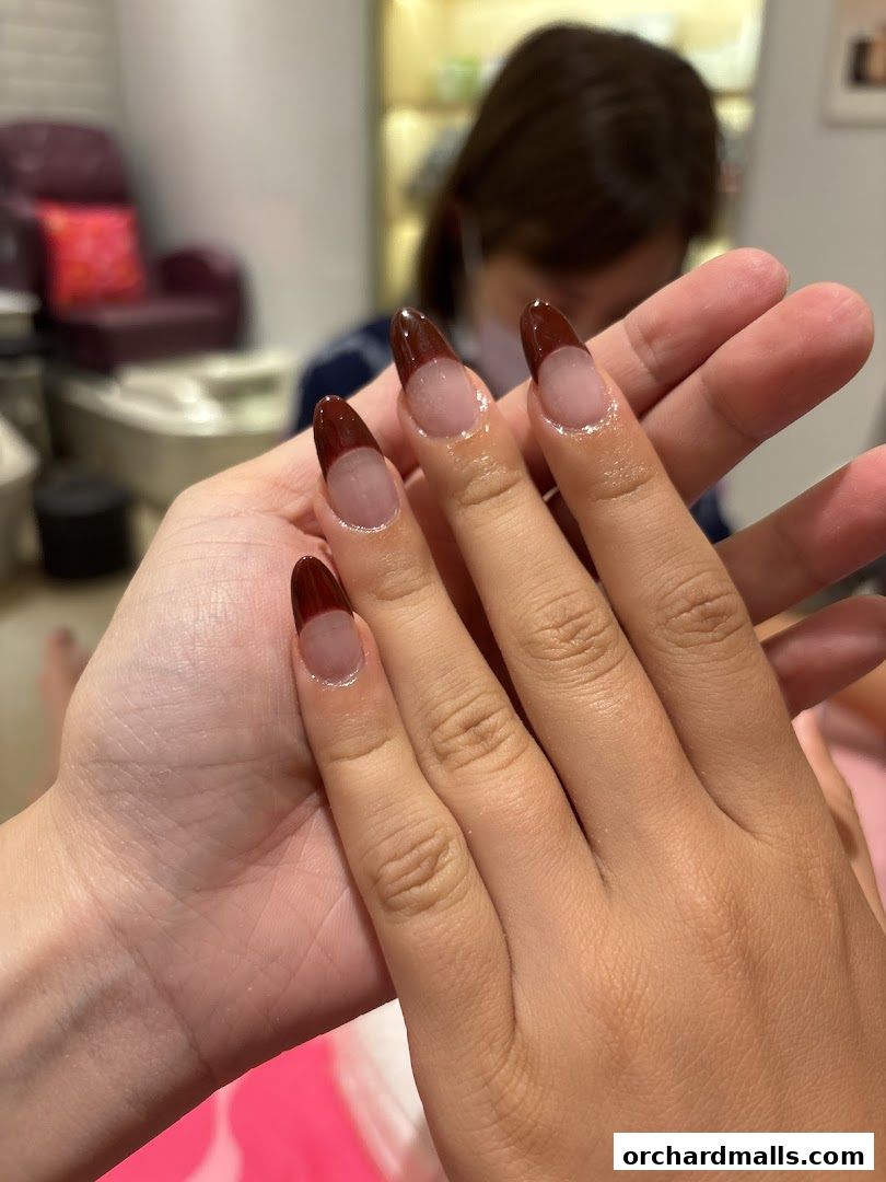 Close-up of hands with freshly done brown-tipped French manicured nails.