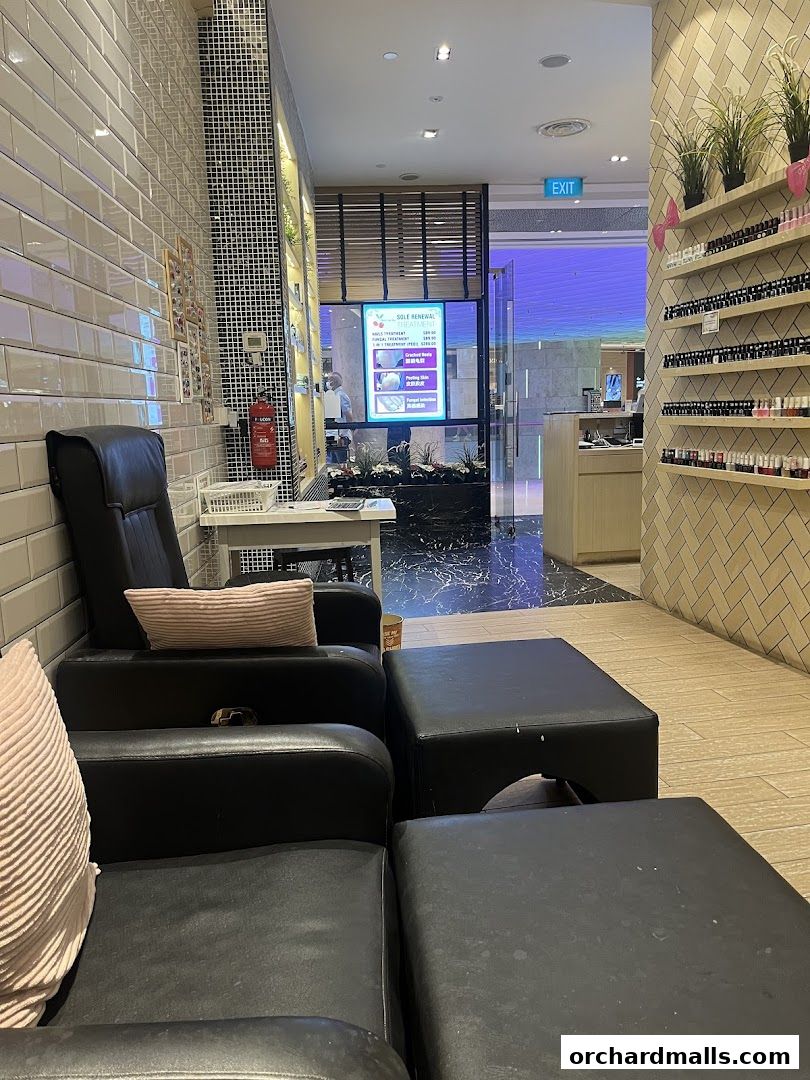 Interior view of a nail spa with comfortable seating and shelves stocked with nail polish.